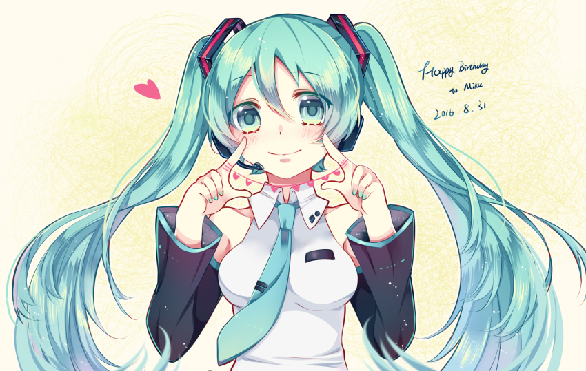 1girl, aqua_eyes, aqua_hair, aqua_nails, aqua_necktie, bare_shoulders, black_sleeves, breasts