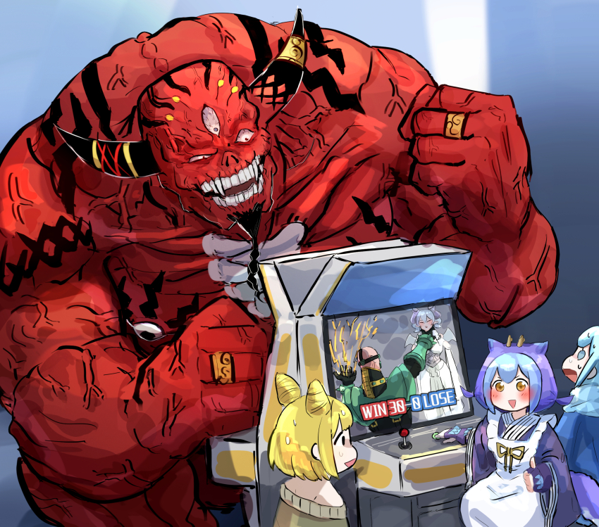 1boy, 3girls, angry, arcade_cabinet, blue_hair, blue_kimono, colored_skin, demon, demon_horns, dragon_girl, dragon_horns, dragon_tail, duel_monster, gameplay_mechanics, hatano_kiyoshi, highres, horns, impending_doom, japanese_clothes, jinzo_(yu-gi-oh!), kimono, laundry_dragonmaid, lovely_labrynth_of_the_silver_castle, maid, multiple_girls, muscular, muscular_male, nervous, red_skin, size_difference, strangling, tail, the_weather_painter_snow, third_eye, ultimate_obedient_fiend, wa_maid, witchcrafter_potterie, yellow_eyes, yu-gi-oh!