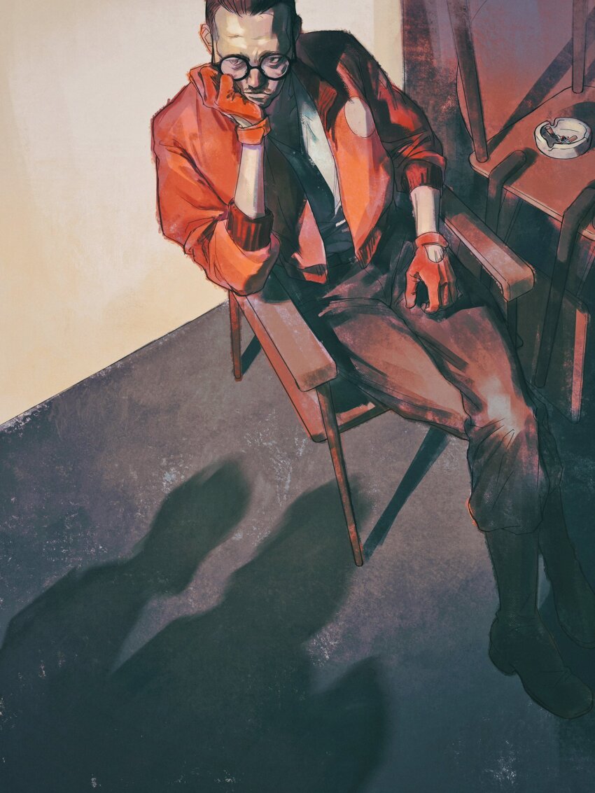 1boy, ashtray, black-framed_eyewear, black_eyes, black_hair, black_necktie, black_shoes, brown_pants