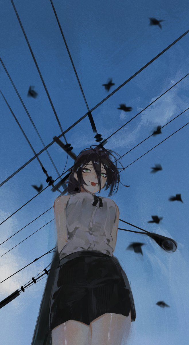 1girl, bird, black_hair, black_shorts, blue_sky, chainsaw_man, day, from_below