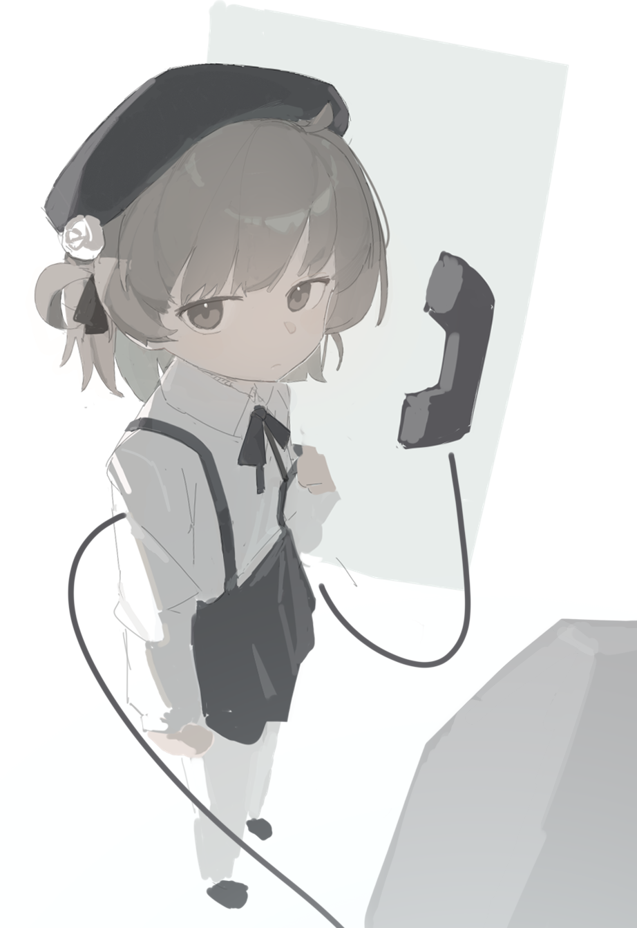 1girl, ar2a, arm_at_side, beret, black_hat, black_ribbon, black_skirt, brown_eyes