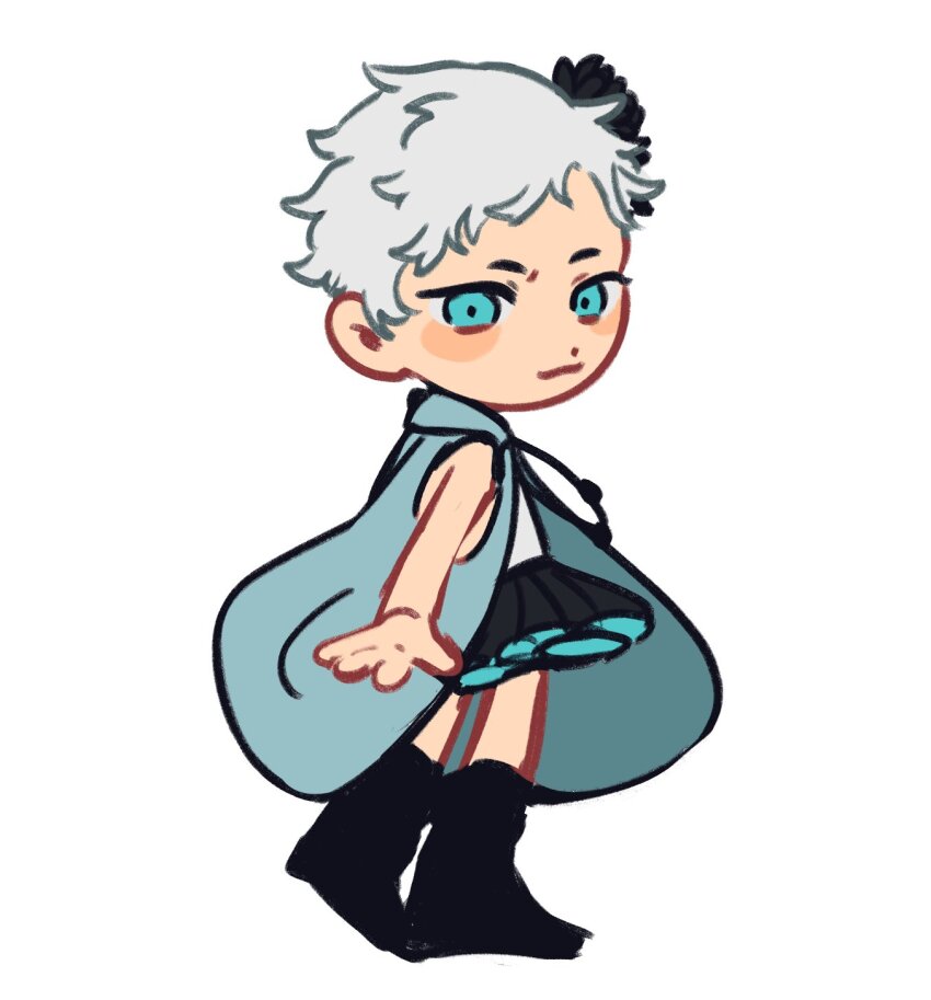 1girl, black_boots, black_flower, black_skirt, blue_eyes, blue_jacket, blush, blush_stickers