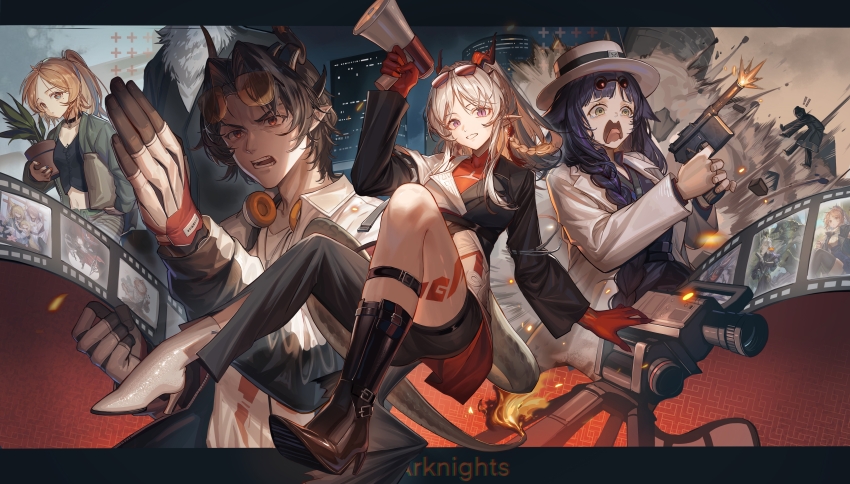 1boy, 2others, 3girls, absurdres, animal_ears, ankle_belt, arknights, asymmetrical_clothes