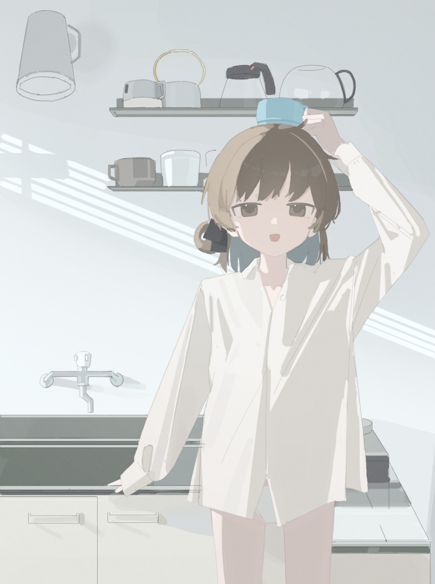 1girl, ar2a, balancing_on_head, brown_eyes, brown_hair, coffee_pot, collared_shirt, colored_inner_hair