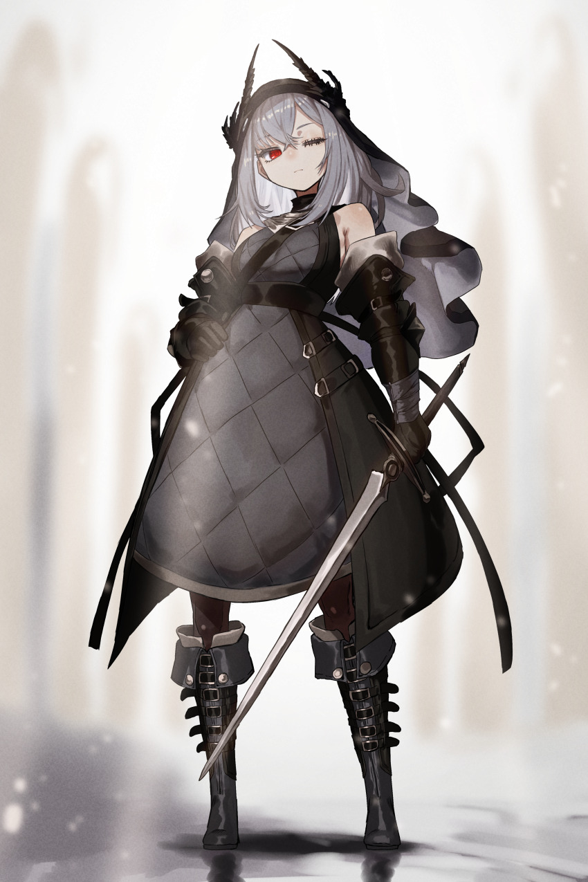 1girl, absurdres, armor, armored_dress, bare_shoulders, black_dress, boots, breasts