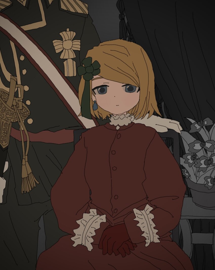 1boy, 1girl, alternate_costume, behind_another, belt, black_jacket, black_pants, blonde_hair