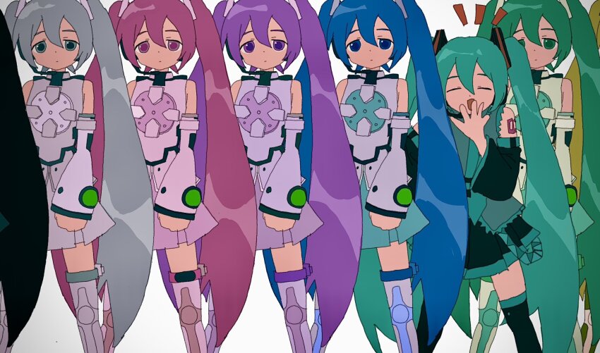 6+girls, alternate_color, alternate_hair_color, arm_at_side, black_hair, black_skirt, black_sleeves, black_thighhighs