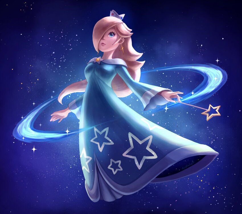 1girl, absurdres, blonde_hair, blue_dress, blue_eyes, brooch, closed_mouth, crown, dress, earrings, eyelashes, full_body, hair_over_one_eye, highres, holding, holding_wand, jewelry, long_hair, long_sleeves, mario_(series), nintendo, rosalina, solo, space, star_(sky), star_(symbol), star_brooch, star_earrings, star_print, super_mario_galaxy, super_smash_bros., wand, yellowfrog88