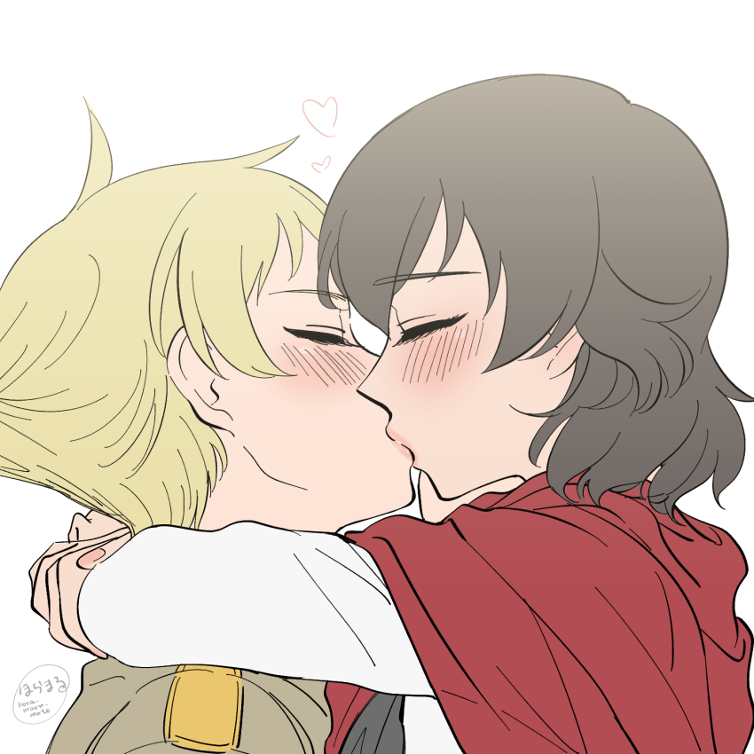 2girls, arms_around_neck, blonde_hair, blush, brown_eyes, brown_hair, brown_jacket, caesar_(girls_und_panzer)