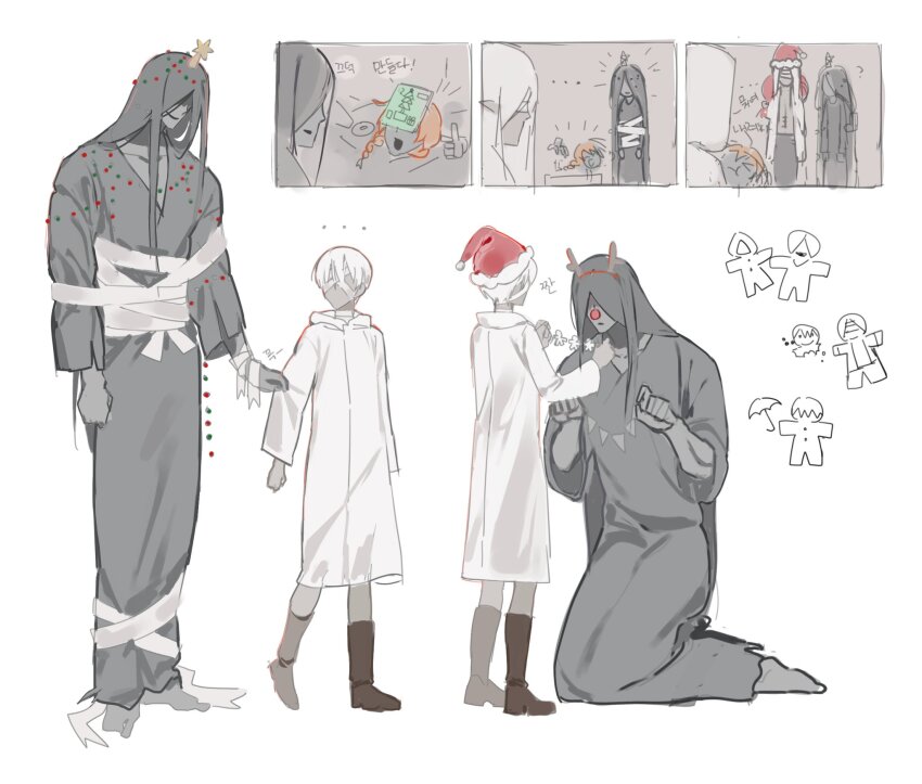 1girl, 3boys, 95_5hz, antlers, bandage_over_one_eye, boots, bound, christmas