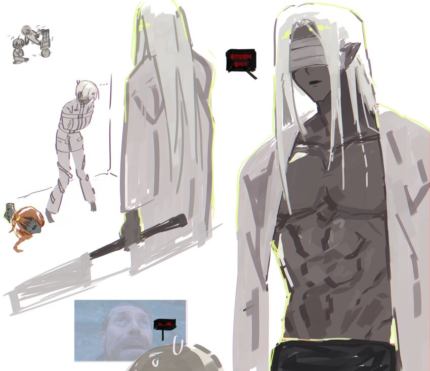 1girl, 2boys, 95_5hz, bandages, bandages_over_eyes, coat, english_text, adashino_adami, highres, homicipher, korean_text, lab_coat, long_hair, meme, mr._chopped, mr._silvair, multiple_boys, orange_hair, pigeon-toed, pointy_ears, severed_head, short_hair, straitjacket, toned, toned_male, translation_request, white_coat, white_hair, willem_dafoe_looking_up_(meme)