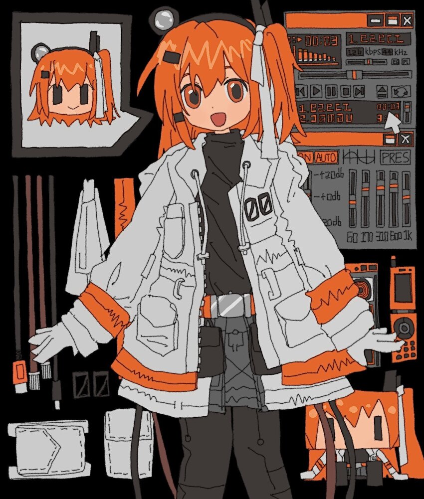 1girl, a.i._voice, adachi_rei, arms_at_sides, audio_jack, belt, belt_pouch, black_background