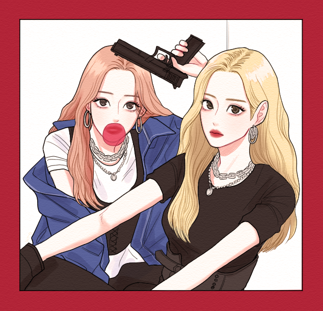 2girls, black_shirt, blonde_hair, border, chain, chewing_gum, commentary_request, doo_twodot