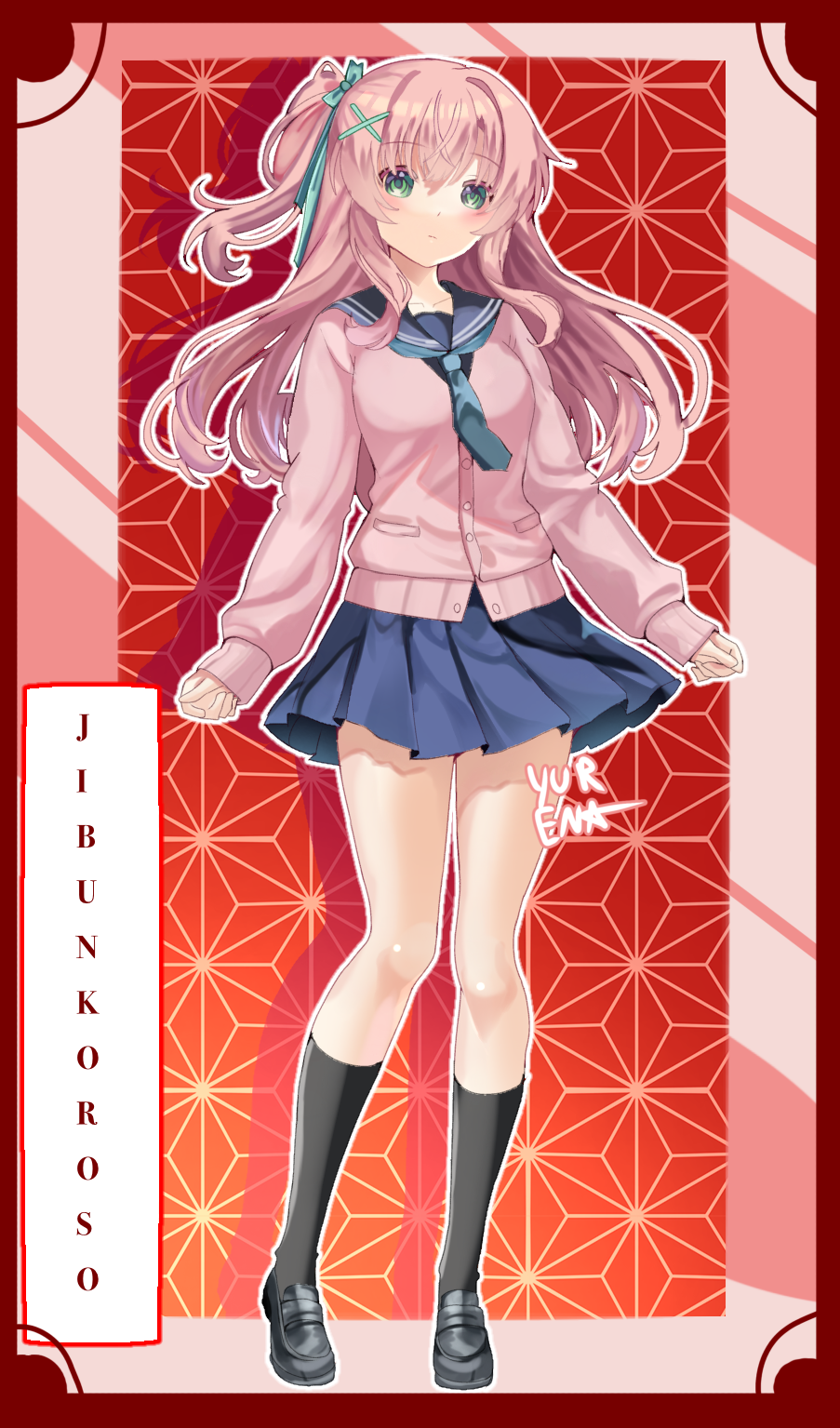 artist_name, black_socks, blue_skirt, border, bow, character_name, full_body, green_bow, green_eyes, hair_ornament, highres, long_hair, long_sleeves, mary_janes, necktie, non-web_source, original, patterned_background, pink_hair, pink_sweater, red_background, red_border, school_uniform, serafuku, shoes, side_ponytail, signature, skirt, socks, sweater, x_hair_ornament, yura856
