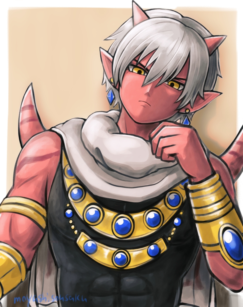 1boy, absurdres, armlet, black_shirt, blue_gem, border, brown_background, cape