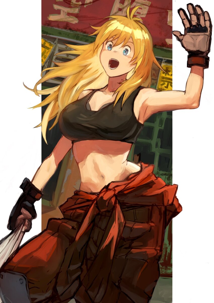 1girl, bag, black_bra, black_gloves, black_sports_bra, blonde_hair, blue_eyes, bra