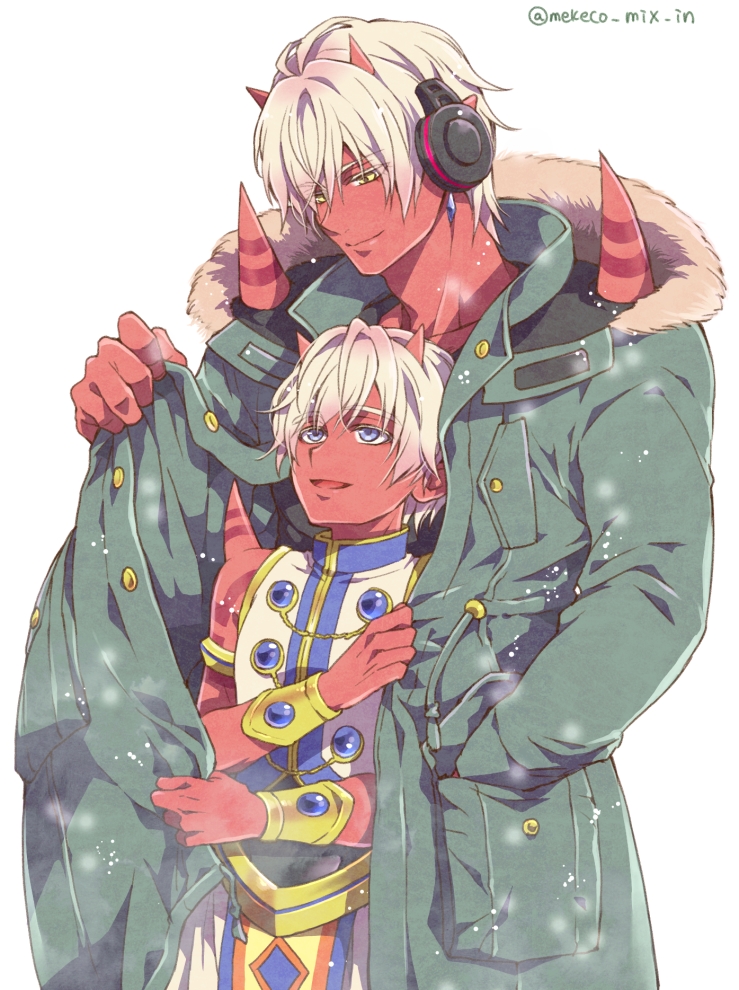 2boys, :d, armlet, black_shirt, blue_eyes, blue_gem, blue_trim, bracelet