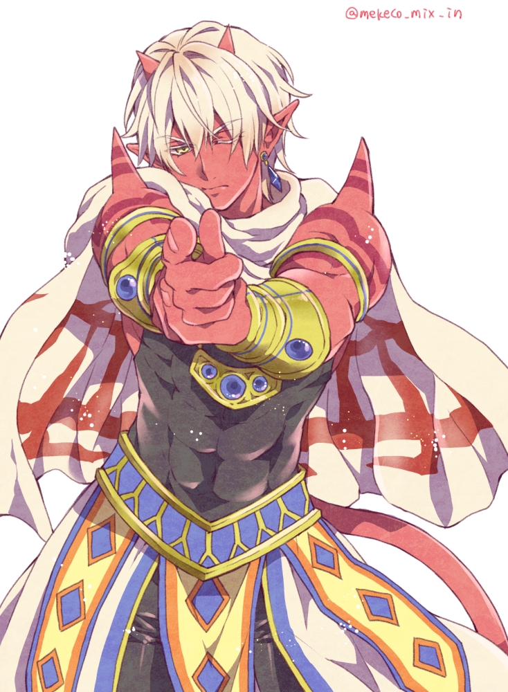 1boy, aiming, aiming_at_viewer, armlet, black_pants, black_shirt, blonde_hair, blue_gem, cape, closed_mouth, colored_eyelashes, colored_skin, commentary_request, covered_abs, cowboy_shot, dragon_quest, dragon_quest_x, earrings, finger_gun, floating_cape, floating_clothes, frown, gem, girugaran, gold_armlet, gold_bracer, gold_necklace, hair_between_eyes, horns, jewelry, looking_at_viewer, male_focus, mekeko, muscular, muscular_male, necklace, one_eye_closed, pants, pointy_ears, red_horns, red_skin, red_tail, shirt, short_hair, shoulder_spikes, sleeveless, sleeveless_shirt, solo, spikes, tail, twitter_username, white_background, white_cape, yellow_eyes