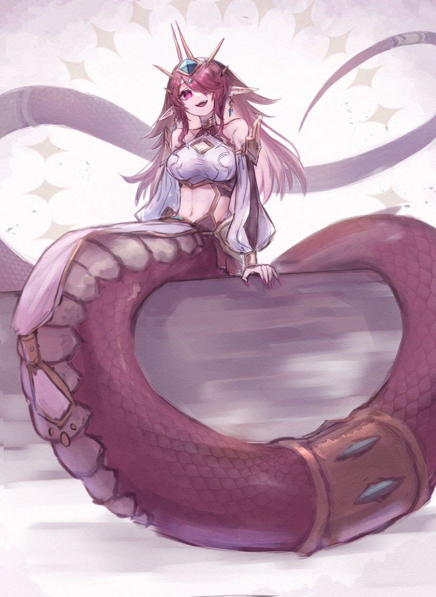 absurdres, breasts, center_opening, chinese_zodiac, commentary_request, detached_sleeves, earrings, fangs, fingernails, full_body, highres, jewelry, lamia, long_hair, long_sleeves, looking_at_viewer, medium_breasts, monster_girl, original, pink_eyes, pink_hair, pink_nails, pointy_ears, puffy_long_sleeves, puffy_sleeves, rou_senka, sharp_fingernails, sitting, solo, tail, tail_ornament, tail_ring, very_long_hair, year_of_the_snake