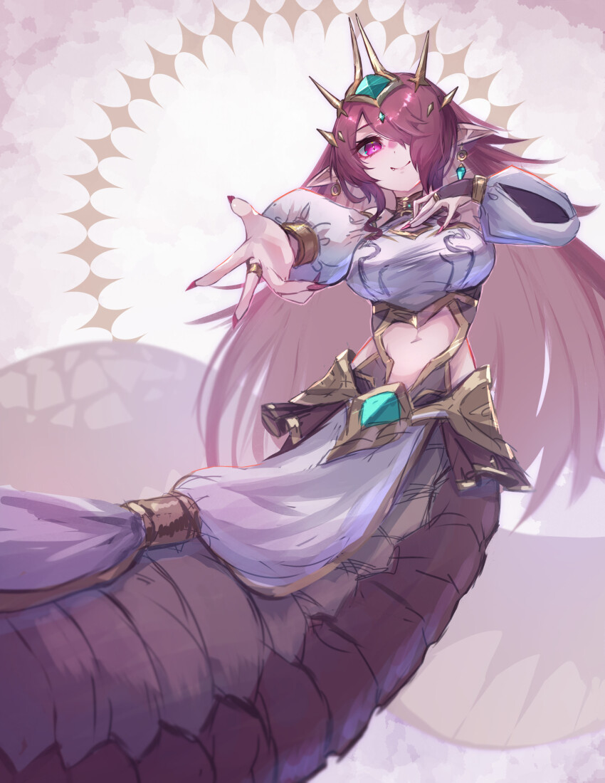 1girl, absurdres, breasts, center_opening, detached_sleeves, earrings, fang, fang_out