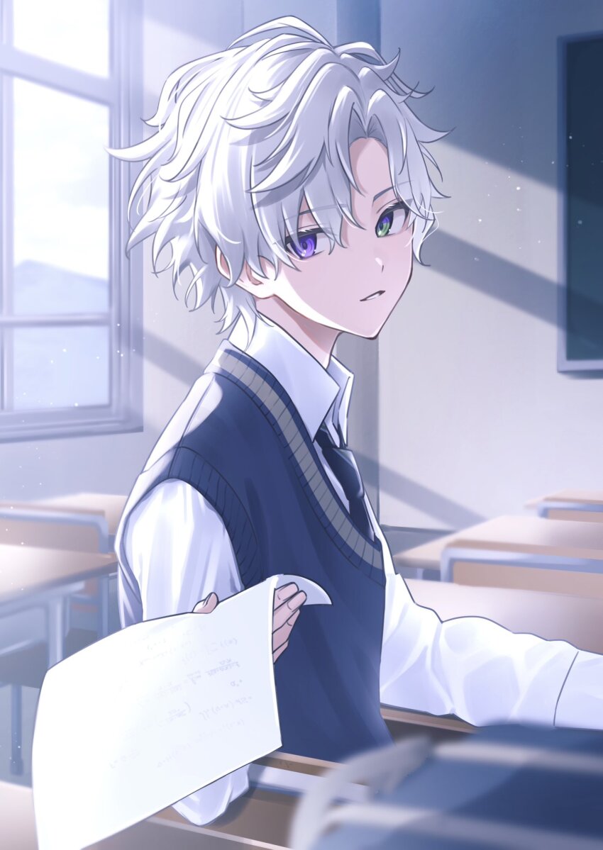 1boy, antenna_hair, blue_necktie, blue_sweater_vest, chair, chalkboard, classroom, collared_shirt