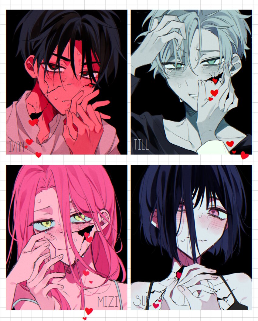 2boys, 2girls, alien_stage, black_eyes, black_hair, black_shirt, black_tank_top, blush