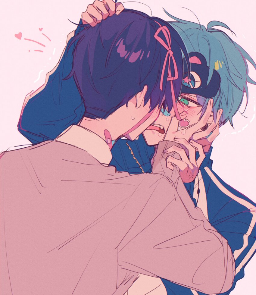 2boys, alien_stage, bandaid, bandaid_on_neck, black_hair, blue_jacket, blush, commentary