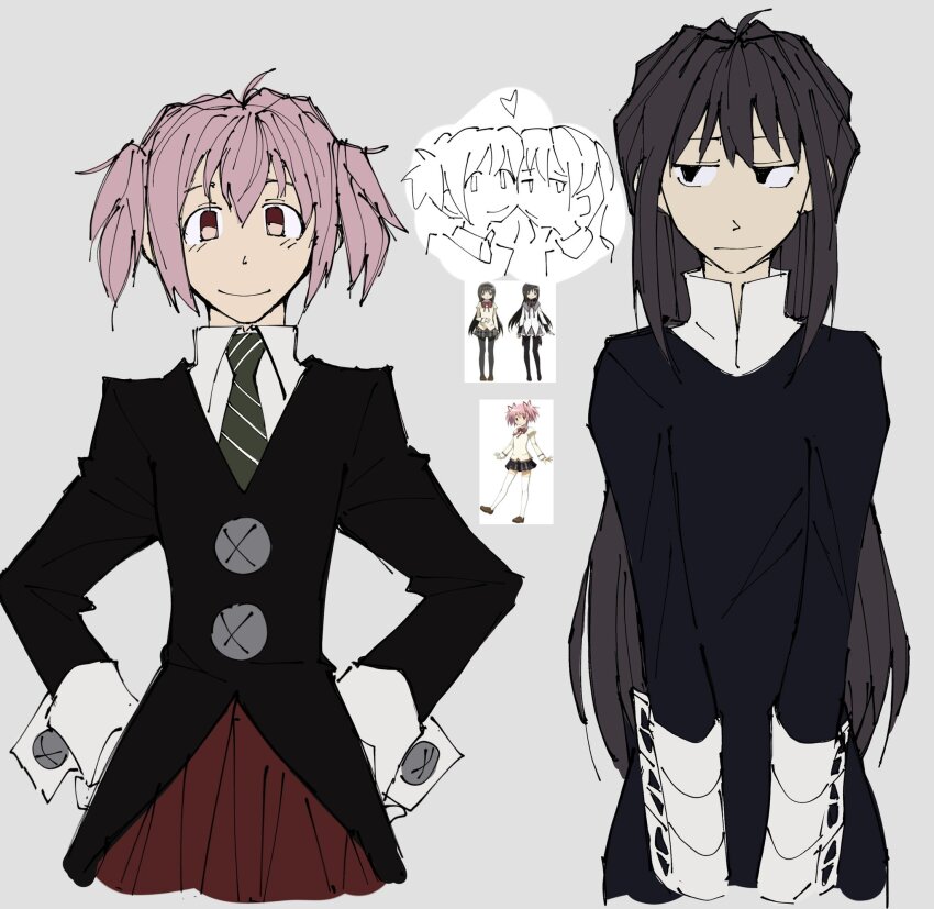 2girls, :/, akemi_homura, alternate_costume, black_eyes, black_hair, chibi, chibi_inset