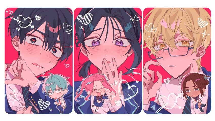 >_<, 3boys, 3girls, alien_stage, arrow_through_heart, black_eyes, black_hair, blonde_hair