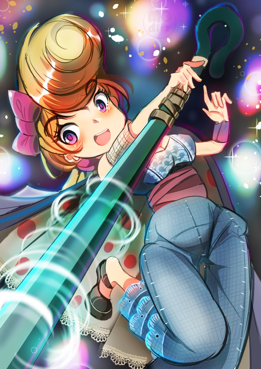 1girl, absurdres, blonde_hair, blue_eyes, blues_(artist), bo_peep_(toy_story), breasts, dress