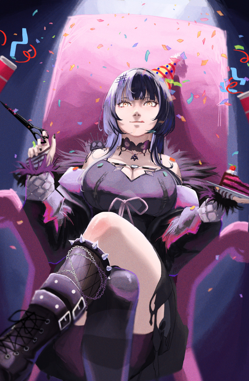 1girl, absurdres, birthday, black_boots, black_choker, black_coat, black_dress, black_hair