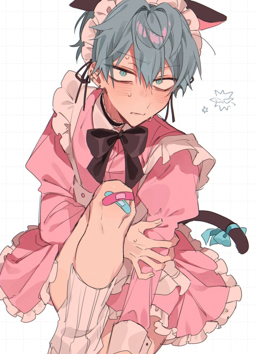 1boy, alien_stage, animal_ears, apron, bandaid, bandaid_on_knee, bandaid_on_leg, black_bow, black_bowtie, blue_bow, blush, bow, bowtie, cat_ears, cat_tail, commentary_request, crossdressing, crossdressing_(mtf), dress, frilled_dress, frills, green_eyes, grey_hair, hand_on_own_arm, highres, juliet_sleeves, kikurage_ii, knee_up, leg_warmers, long_sleeves, maid, maid_headdress, male_focus, male_maid, official_alternate_costume, pink_dress, puffy_sleeves, short_hair, sitting, solo, sweat, tail, tail_bow, tail_ornament, till_(alien_stage), very_short_hair, white_apron, white_leg_warmers