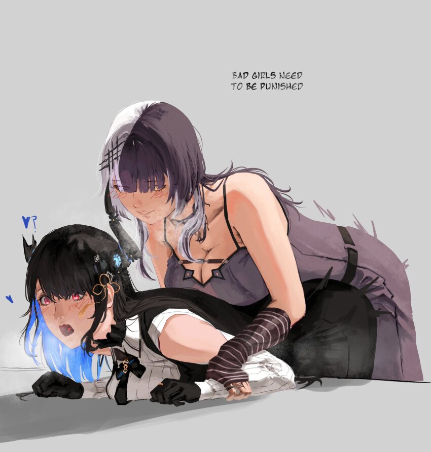 2girls, absurdres, arm_warmers, asymmetrical_horns, black_arm_warmers, black_dress, black_gloves, black_hair, black_horns, blue_hair, blush, breast_press, breasts, cleavage, clothing_cutout, colored_inner_hair, demon_horns, dress, dry_humping, gloves, grey_background, grey_dress, grey_hair, hair_ornament, heart, highres, hololive, hololive_english, horns, humping, large_breasts, long_hair, mairu_(myru263), meme, multicolored_hair, multiple_girls, nerissa_ravencroft, nerissa_ravencroft_(1st_costume), pink_eyes, shiori_novella, shiori_novella_(1st_costume), shoulder_cutout, so_true_bestie_pegs_you_(meme), split-color_hair, striped_arm_warmers, two-tone_hair, virtual_youtuber, yellow_eyes, yuri