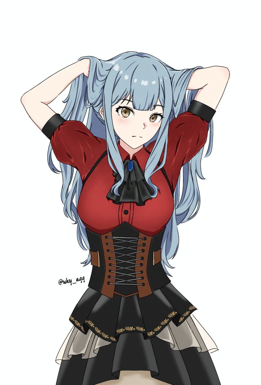 1girl, a_whydc, arms_behind_head, ascot, bang_dream!, black_ascot, black_ribbon, blue_hair