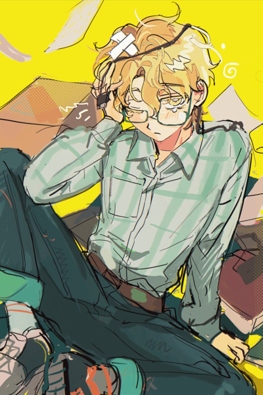 0021, 1boy, alien_stage, belt, black_pants, blonde_hair, blue-framed_eyewear, brown_belt