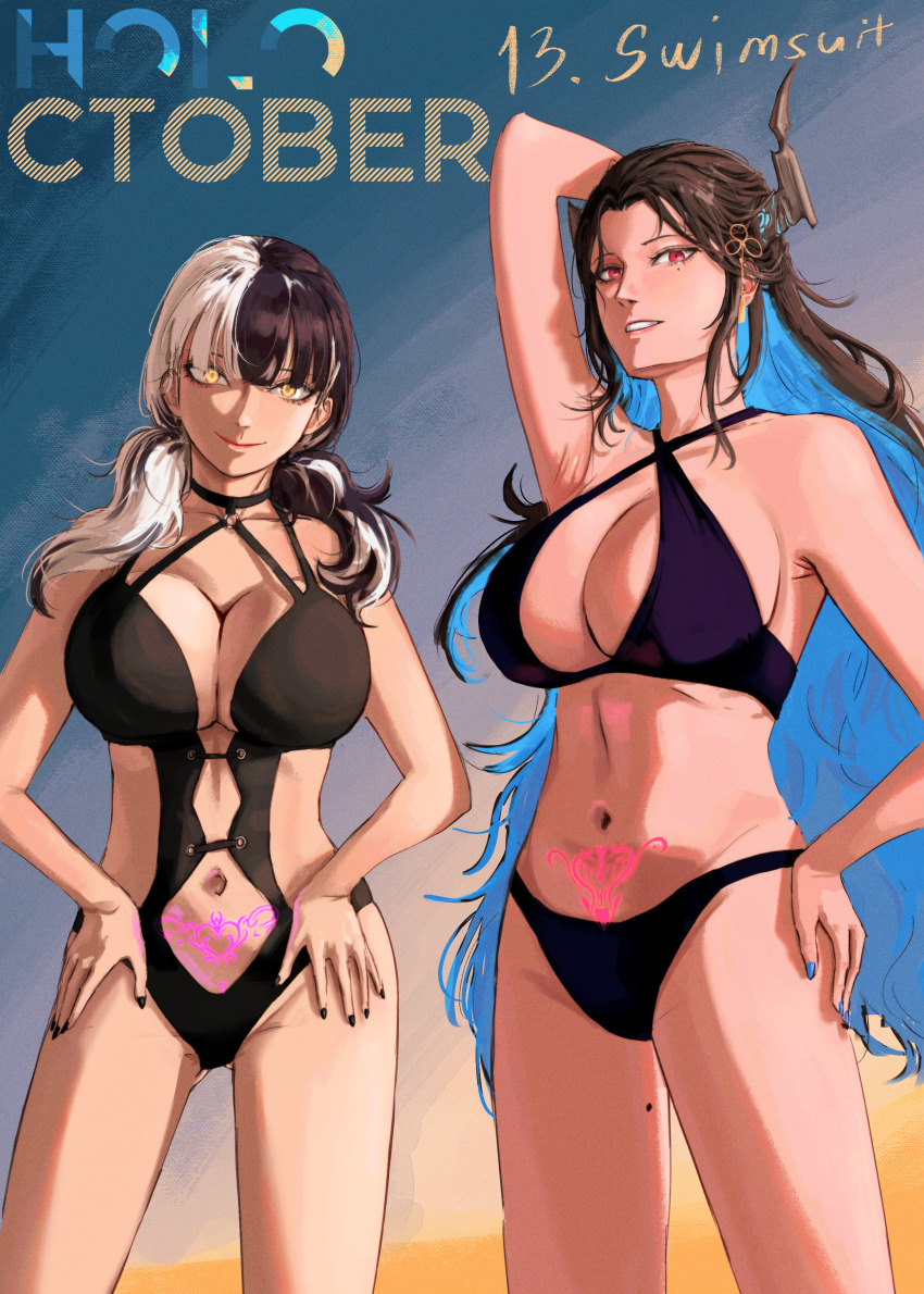 2girls, absurdres, alternate_costume, arm_up, armpits, bikini, black_bikini, black_hair