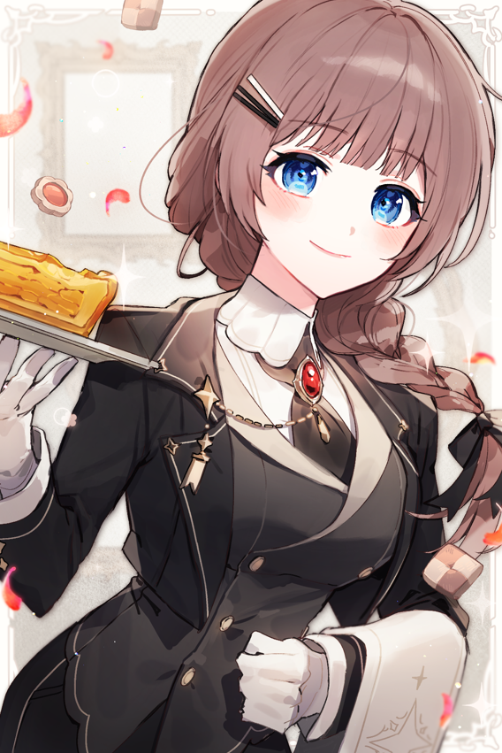 1girl, alternate_costume, black_jacket, black_necktie, black_pants, black_ribbon, blue_eyes, blunt_bangs, blush, braid, brooch, brown_hair, butler, buttons, checkerboard_cookie, closed_mouth, collared_shirt, cookie, cropped_jacket, crossdressing_(ftm), double-breasted, female_butler, food, gloves, hair_ornament, hair_ribbon, hairclip, holding, holding_plate, holding_towel, jacket, jewelry, long_hair, long_sleeves, looking_at_viewer, mochizuki_honami, necktie, onigiri_0000, pants, pie, plate, project_sekai, ribbon, shirt, single_braid, smile, solo, sparkle, thumbprint_cookie, towel, white_gloves, white_shirt, wing_collar