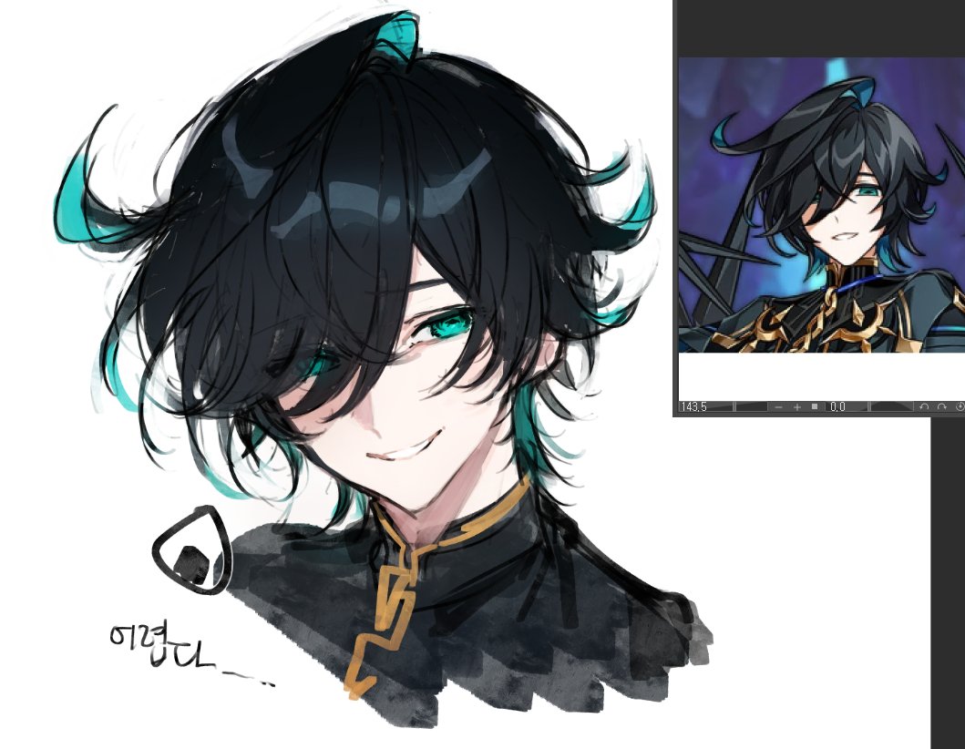 1boy, ahoge, ainchase_ishmael, aqua_eyes, aqua_hair, art_program_in_frame, black_hair, clip_studio_paint_(medium)