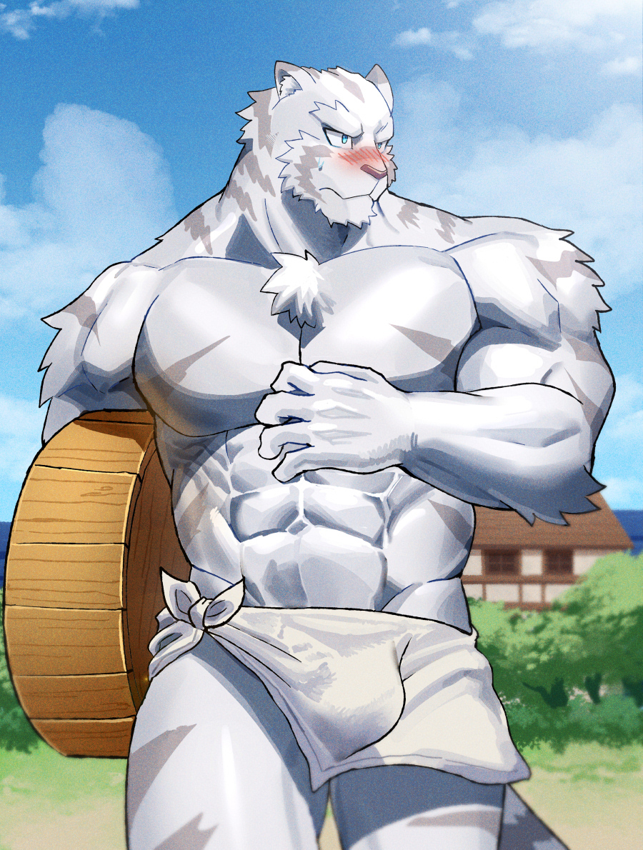 1boy, abs, animal_ears, bara, bare_pectorals, blue_eyes, blue_sky, blush