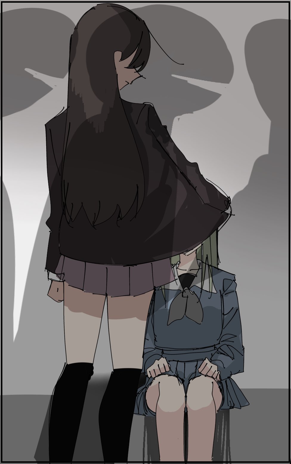 2girls, bang_dream!, bang_dream!_it's_mygo!!!!!, black_hair, black_jacket, black_socks, blue_shirt, blue_skirt