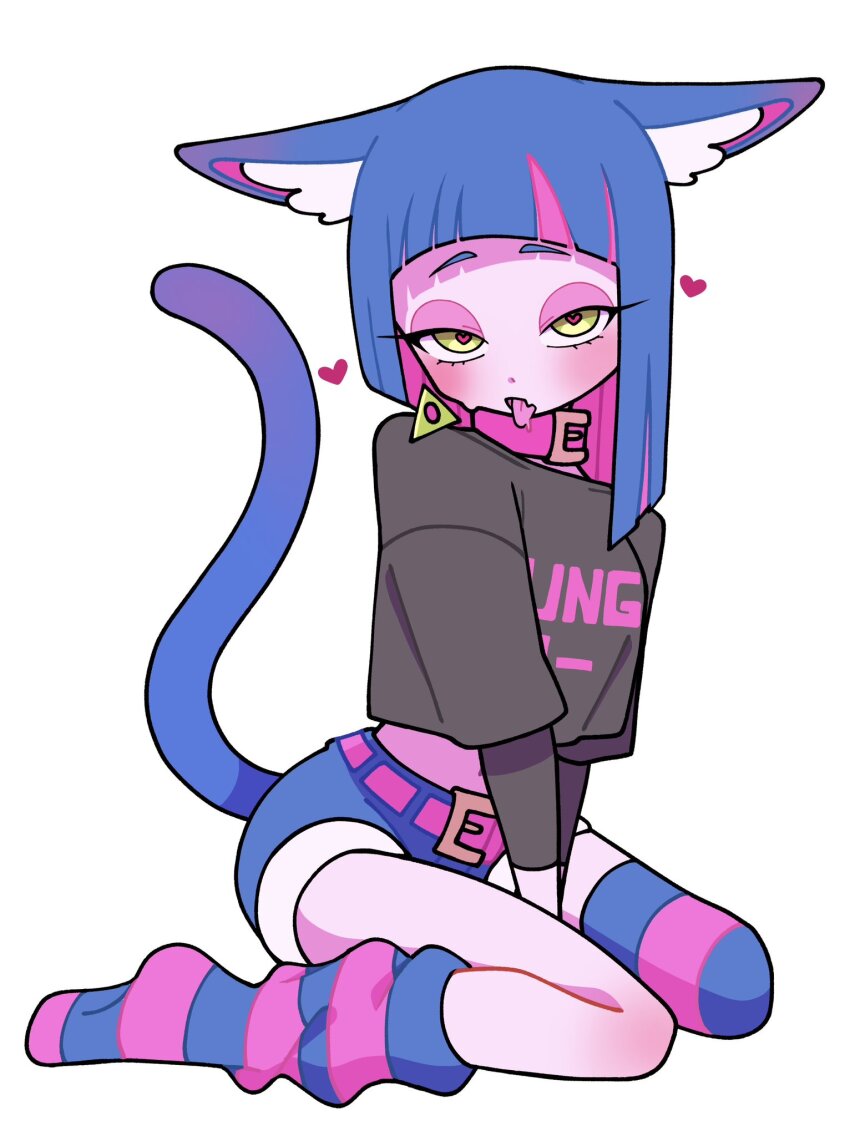 1girl, animal_ear_fluff, animal_ears, belt, black_shirt, blue_hair, blue_shorts, cat_ears, cat_girl, cat_tail, clothes_writing, collar, colored_inner_animal_ears, colored_inner_hair, cropped_shirt, earrings, green_eyes, heart, heart-shaped_pupils, highres, jewelry, kung-fu-piggy, layered_sleeves, long_sleeves, multicolored_hair, multicolored_thighhighs, piercing, pink_belt, pink_collar, pink_hair, piyotamago02, sammy_(kung-fu-piggy), shirt, short_over_long_sleeves, short_sleeves, shorts, socks, streaked_hair, striped_clothes, striped_socks, striped_thighhighs, symbol-shaped_pupils, tail, thighhighs, triangle_earrings, two-tone_socks, two-tone_thighhighs, wide_sleeves