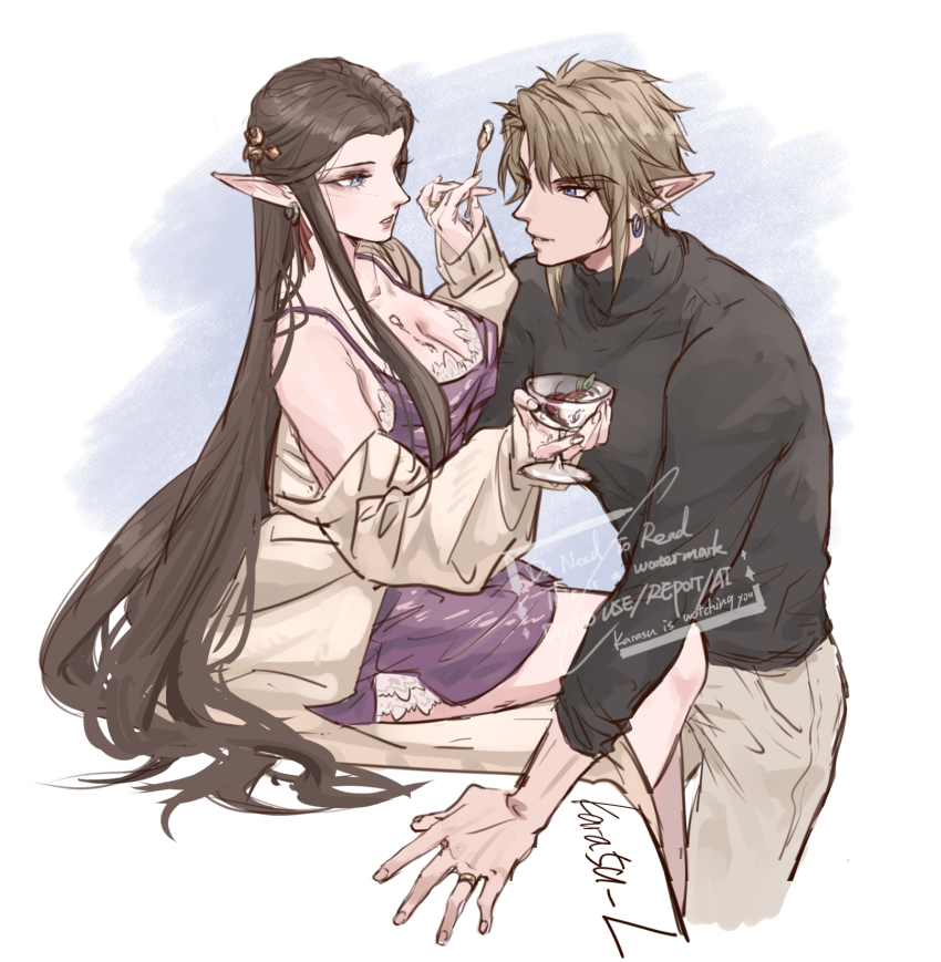 1boy, 1girl, affogato, artist_name, black_sweater, blonde_hair, blue_eyes, breasts, brown_hair, cardigan, cleavage, couple, cup, dessert, dress, earrings, food, food_on_body, food_on_breasts, green_eyes, grey_pants, hair_between_eyes, hair_ornament, hetero, highres, holding, holding_cup, jewelry, kurokawa_karasu, link, long_hair, looking_at_another, medium_breasts, nintendo, pants, parted_bangs, parted_lips, pointy_ears, princess_zelda, purple_dress, purple_negligee, ring, short_hair, sidelocks, smile, sweater, the_legend_of_zelda, the_legend_of_zelda:_twilight_princess, turtleneck, turtleneck_sweater, upper_body, white_cardigan