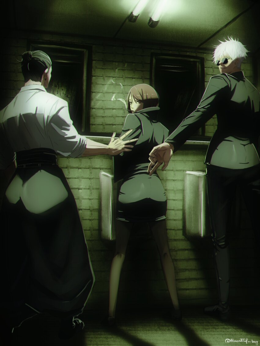 1girl, 2boys, absurdres, almondtofu_boy, bathroom, black_footwear, black_hair, black_jacket