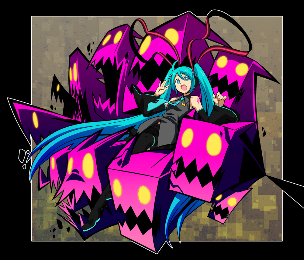 1girl, aqua_eyes, aqua_hair, cthulhu_mythos, detached_sleeves, female_focus, hatsune_miku, headphones, hound_of_tindalos, long_hair, maxgonta, monster, necktie, open_mouth, skirt, solo, thighhighs, twintails, very_long_hair, vocaloid