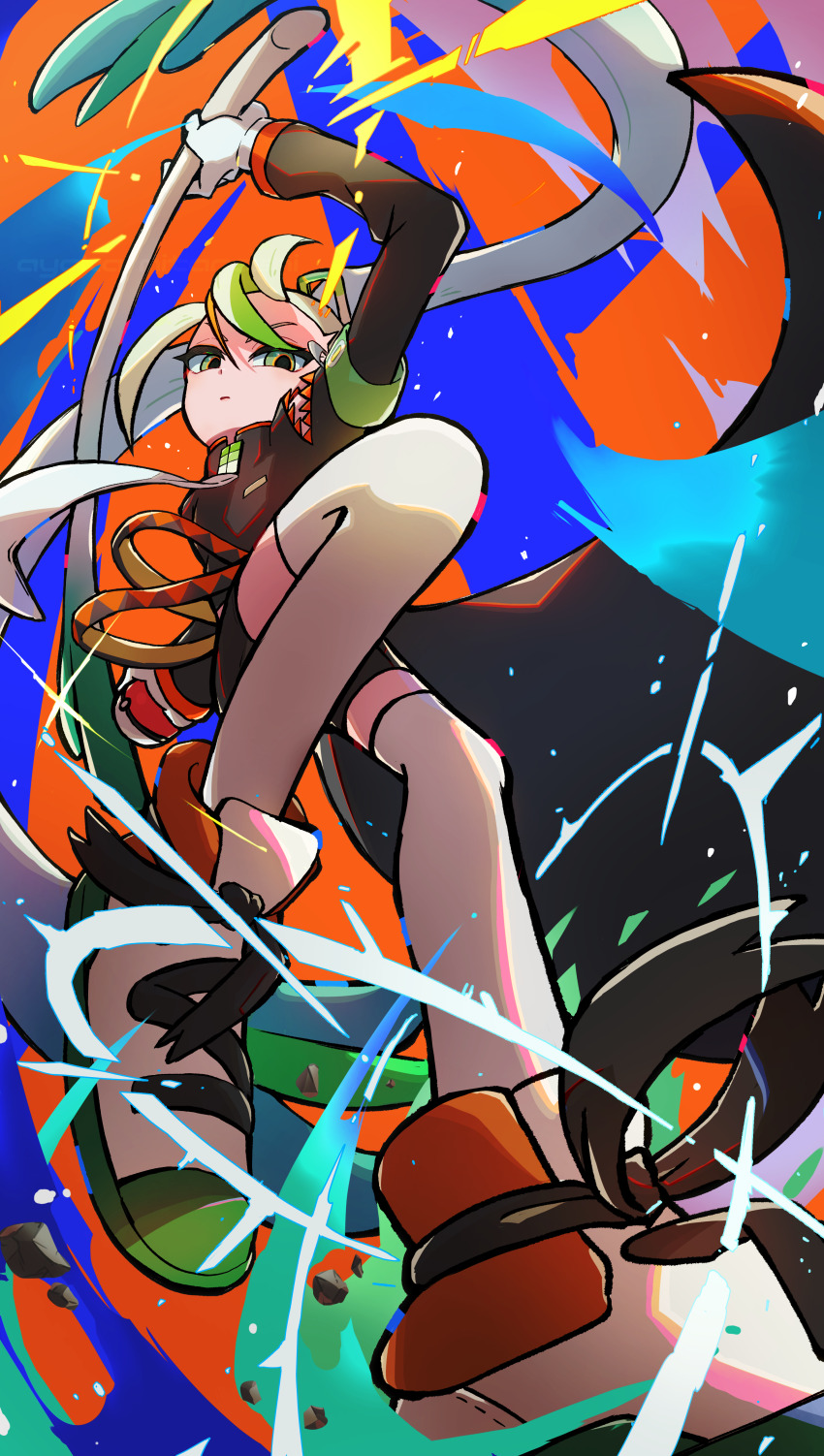 1girl, absurdres, ayaka_mitarashi, black_shirt, black_shorts, closed_mouth, commentary_request, debris