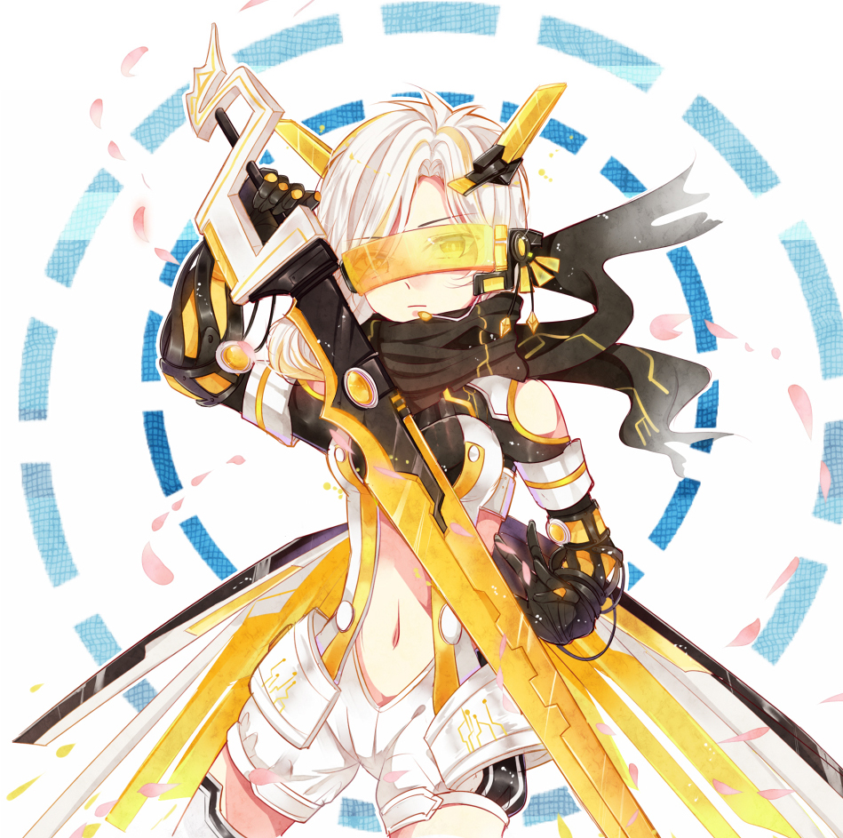 1girl, armor, asymmetrical_hair, black_scarf, blonde_hair, boots, bright_pupils, closed_mouth