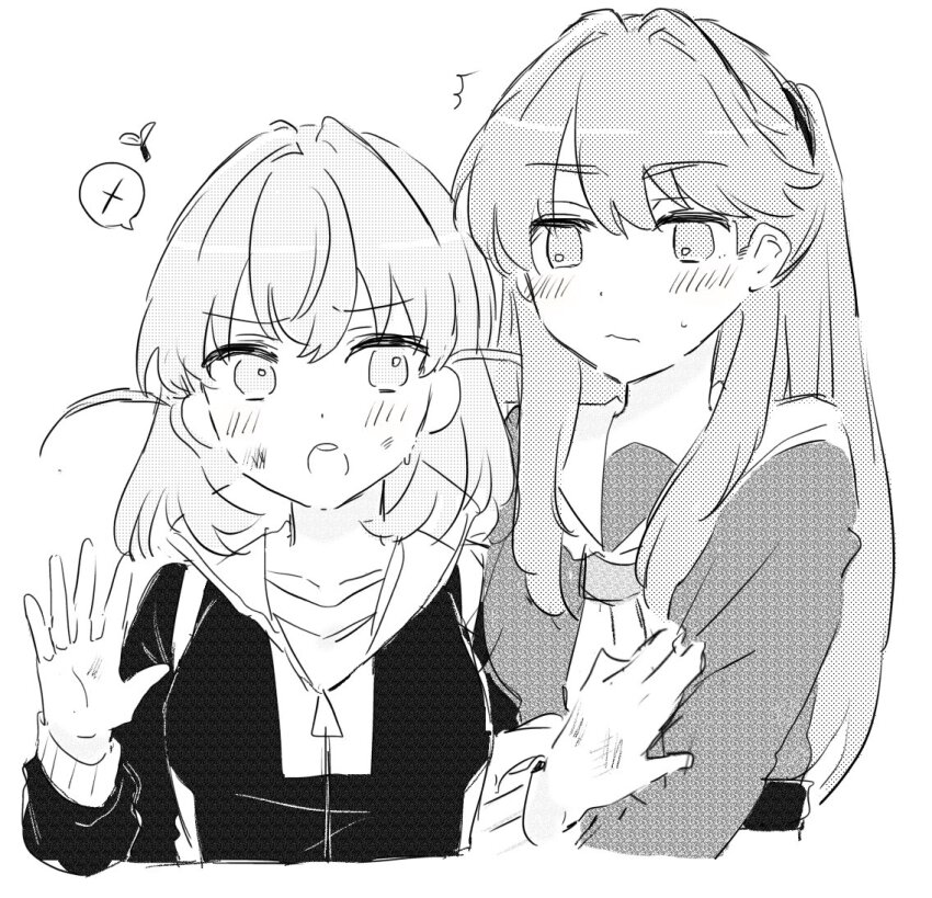 2girls, ^^^, arm_hug, bluesky021, breasts, brown_hair, cropped_torso, crossed_bangs