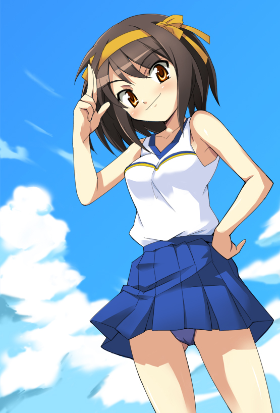 00s, 1girl, brown_hair, buruma, cheerleader, cloud, day, female_focus