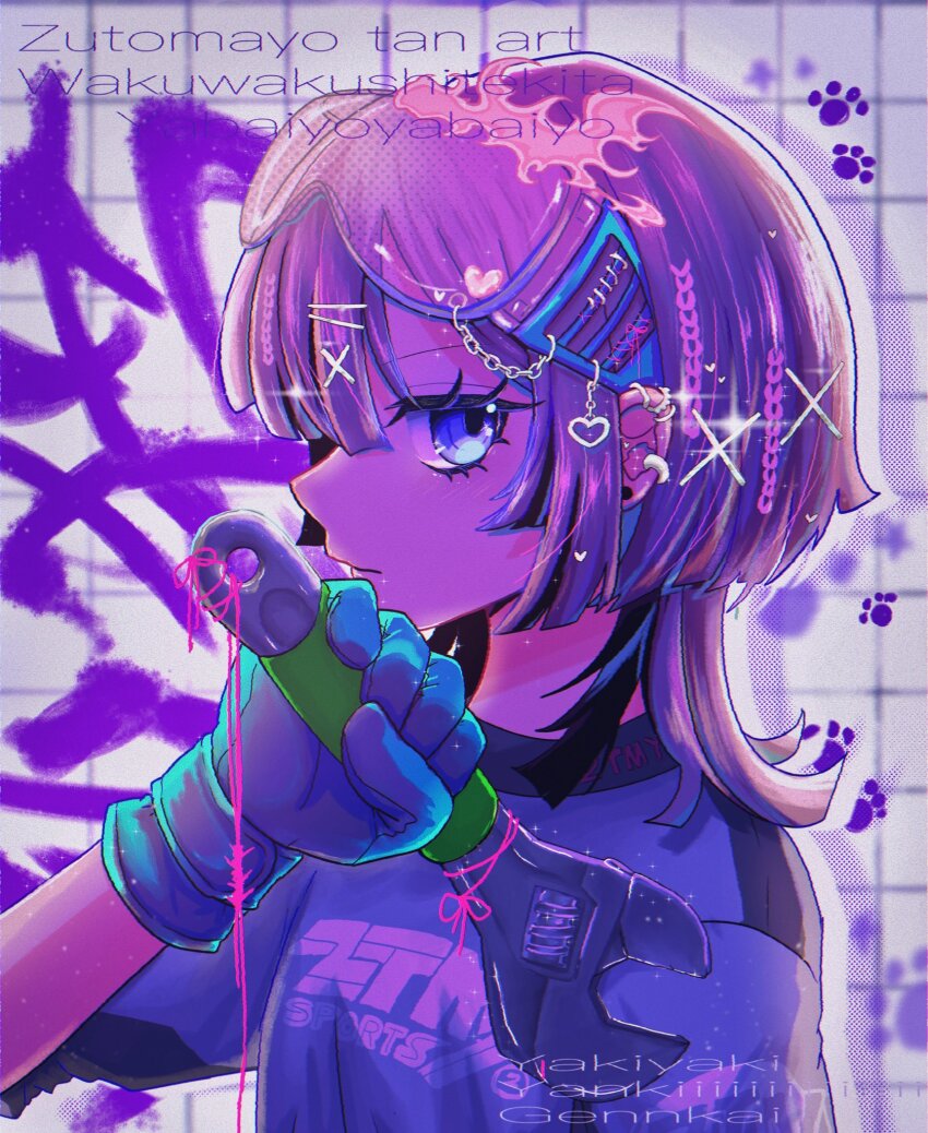 1girl, alternate_costume, baka_janai_noni_(zutomayo), black_hair, blue_gloves, checkered_background, closed_mouth, clothes_writing