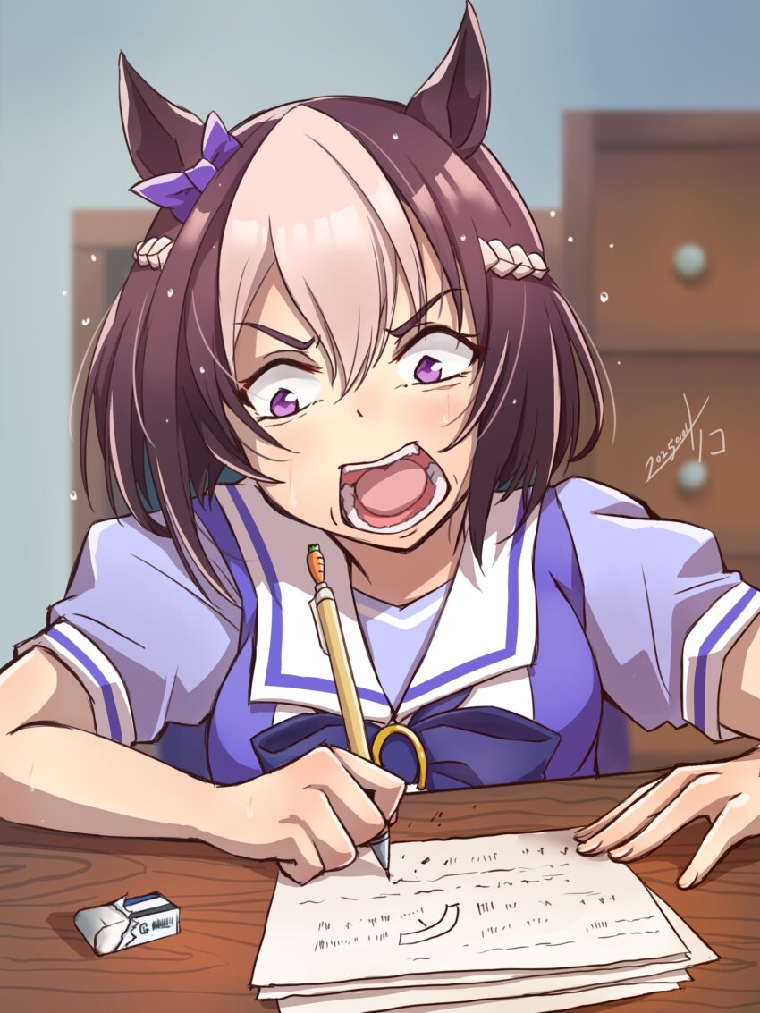 1girl, animal, animal_ears, blurry, blurry_background, brown_hair, commentary, hair_between_eyes, hajimelico, highres, holding, holding_pen, horse_ears, horse_girl, i_fucking_love_drawing_(meme), meme, open_mouth, pen, puffy_short_sleeves, puffy_sleeves, school_uniform, short_sleeves, solo, special_week_(umamusume), umamusume